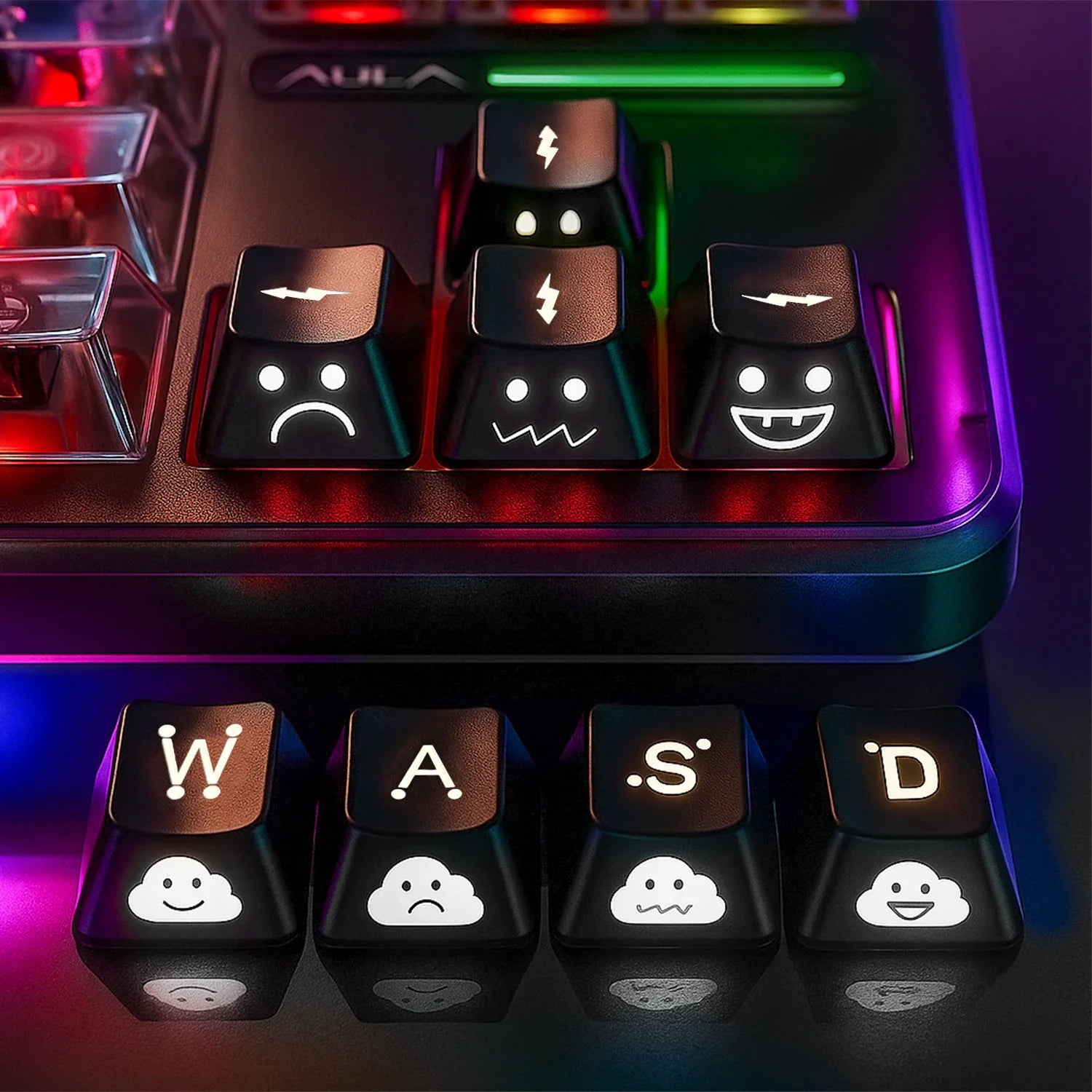 Backlight Keycaps Set Cute Emo WASD Arrow Direction Keys Black Broadside Lighting Key Cap for MX Switch for Mechanical Keyboard